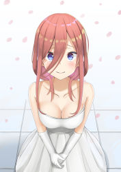 Rule 34 | 1girl, bare shoulders, blue eyes, blush, breasts, brown hair, cherry blossoms, cleavage, collarbone, dress, elbow gloves, female focus, gloves, go-toubun no hanayome, highres, long hair, looking at viewer, nakano miku, petals, plu xx, solo, standing, wedding dress, white background