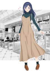 Rule 34 | 1girl, absurdres, alternate hairstyle, bag, beige dress, blue eyes, blue hair, commentary request, full body, green sweater, hair down, highres, kantai collection, long hair, looking at viewer, nitamako (sakamalh), official alternate costume, solo, souryuu (kancolle), sweater, turtleneck