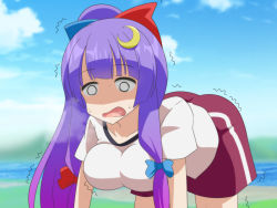 Rule 34 | 1girl, all fours, ass, bent over, breasts, buruma, cato (monocatienus), cloud, crescent, crescent hair ornament, day, gym uniform, hair ornament, horizon, large breasts, long hair, no headwear, no headwear, o o, open mouth, outdoors, patchouli knowledge, purple hair, shirt, sky, solo, touhou, trembling