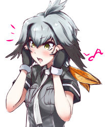 Rule 34 | 10s, 1girl, 315-usagi, black gloves, black hair, blush, breast pocket, collared shirt, earphones, fingerless gloves, gloves, grey shirt, hands on own head, hands up, head wings, highres, kemono friends, long hair, low ponytail, multicolored hair, musical note, necktie, open mouth, orange hair, pocket, quaver, shirt, shoebill (kemono friends), short sleeves, side ponytail, silver hair, simple background, solo, tsurime, upper body, white background, white necktie, wing collar, wings, yellow eyes