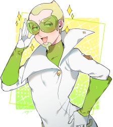 Rule 34 | 1boy, :d, adjusting eyewear, age (moco018), blonde hair, blush, buttons, coat, commentary request, creatures (company), faba (pokemon), facial hair, game freak, gloves, goatee, green-tinted eyewear, green shirt, hand on own hip, hand up, highres, male focus, nintendo, open mouth, pokemon, pokemon sm, shirt, short hair, smile, solo, sparkle, sunglasses, tinted eyewear, tongue, undershirt, white coat, white gloves