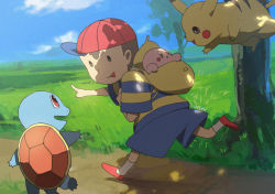 Rule 34 | 1boy, backpack, bag, black eyes, black hair, child, creatures (company), day, game freak, gen 1 pokemon, hat, kirby, kirby (series), mother (game), mother 2, ness (mother 2), nintendo, outdoors, path, pikachu, pokemon, pokemon (creature), randoseru, red eyes, road, shirt, smile, squirtle, striped clothes, striped shirt, super smash bros., uichi