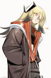 Rule 34 | 1girl, absurdres, arknights, black shirt, blonde hair, breasts, brown coat, coat, cowboy shot, crop top, grey background, grey pants, hands in pockets, head tilt, highres, ifrit (arknights), long hair, long sleeves, looking at viewer, official alternate costume, open clothes, open coat, orange eyes, pants, shirt, signal 1120, simple background, small breasts, smirk, solo