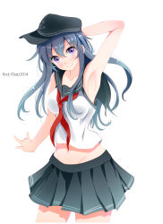 Rule 34 | 10s, 1girl, absurdres, akatsuki (kancolle), alternate costume, arm up, armpits, arms up, bad id, bad pixiv id, cowboy shot, dated, hat, highres, kantai collection, long hair, aged up, pleated skirt, school uniform, serafuku, skirt, smile, solo, tebi (tbd11), white background