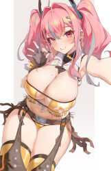 Rule 34 | 1girl, absurdres, armpits, azur lane, belt, bikini, blush, breasts, bremerton (azur lane), brown belt, brown gloves, cleavage, ear piercing, eyepatch bikini, fingerless gloves, fingernails, fringe trim, gloves, gold bikini, green nails, grey background, grey hair, groin, hair between eyes, hair intakes, hair ornament, hairclip, highres, huge breasts, lips, long fingernails, looking at viewer, mole, mole on breast, mole under eye, multicolored hair, nail polish, navel, navel piercing, official alternate costume, official alternate hairstyle, ok sign, piercing, print bikini, reaching, reaching towards viewer, red eyes, red hair, sheriff, shirt, smile, solo, ssr (azmr2828), star (symbol), star ornament, star print, stomach, streaked hair, swimsuit, teeth, thighhighs, thighs, tied shirt, twintails, two-tone hair, white background, white shirt, yellow thighhighs