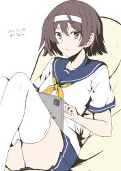 Rule 34 | 1girl, black hair, blue sailor collar, blue skirt, brown eyes, commentary request, commission, feet out of frame, hairband, highres, kantai collection, neckerchief, pillow, pleated skirt, sailor collar, school uniform, serafuku, shirt, short hair, short sleeves, sitting, skirt, solo, tablet pc, taira yuuki, tanikaze (kancolle), thighhighs, white hairband, white shirt, white thighhighs, yellow neckerchief