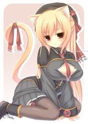 Rule 34 | 1girl, absurdres, animal ears, between legs, black thighhighs, blonde hair, blush, breasts, brown eyes, cat ears, cat tail, cleavage, collar, derivative work, hand between legs, hat, highres, ichiroku, large breasts, leash, long hair, necktie, open clothes, original, ribbon, skirt, solo, syroh, tail, tail ornament, tail ribbon, thighhighs