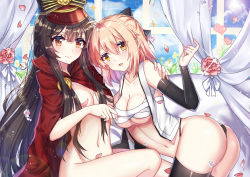 Rule 34 | 2girls, absurdres, ass, black bow, black hair, black legwear, blonde hair, bow, breasts, brown eyes, cape, censored nipples, cherry blossoms, cleavage, cloud, convenient censoring, day, detached sleeves, fate/grand order, fate (series), flower, hair between eyes, hair bow, hand on another&#039;s shoulder, hat, heart, highres, indoors, lens flare, long hair, looking at viewer, medium breasts, military hat, multiple girls, naked cape, navel, oda nobunaga (fate), oda nobunaga (koha-ace), okita souji (fate), okita souji (koha-ace), open mouth, pink flower, ribbon, sarashi, shanguier, shiny clothes, smile, sparkle, sunlight, thighhighs, underboob, very long hair, white ribbon, yellow eyes