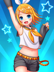 Rule 34 | 1girl, :3, :d, arm up, armpits, belt, black sailor collar, black shorts, black sleeves, blonde hair, blue background, blue eyes, blush, bow, clenched hand, commentary request, cowboy shot, crop top, crop top overhang, detached sleeves, fang, flat chest, hair bow, hair ornament, hairclip, headset, highres, kagamine rin, looking at viewer, midriff, navel, neckerchief, open mouth, sailor collar, satchi (bluff-46), shirt, short hair, short shorts, shorts, sidelocks, sleeveless, sleeveless shirt, sleeves past wrists, smile, solo, star (symbol), starry background, swept bangs, two-tone background, vocaloid, yellow neckerchief