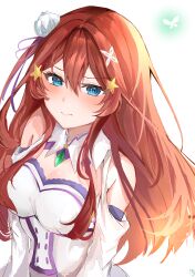 Rule 34 | 1girl, absurdres, blue eyes, blush, breasts, closed mouth, clothing cutout, collared dress, commentary request, cosplay, dress, embarrassed, emilia (re:zero), emilia (re:zero) (cosplay), flower, go-toubun no hanayome, hair between eyes, hair flower, hair ornament, highres, large breasts, long hair, looking at viewer, nakano itsuki, red hair, rose, shoulder cutout, simple background, solo, star (symbol), star hair ornament, suimo (suimodayo), two-tone dress, white background, white dress, white flower, white rose