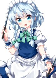 Rule 34 | 1girl, :d, apron, blue dress, blue eyes, blush, bow, bowtie, braid, commentary request, cowboy shot, dress, green bow, green bowtie, hair between eyes, hair bow, hand up, highres, holding, holding knife, holding weapon, izayoi sakuya, knife, looking at viewer, maid, maid apron, maid headdress, open mouth, petticoat, puffy short sleeves, puffy sleeves, ruu (tksymkw), shirt, short hair, short sleeves, silver hair, simple background, smile, solo, touhou, twin braids, waist apron, weapon, white apron, white background, white shirt, wing collar, wrist cuffs