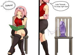 Rule 34 | 1girl, anal, anal object insertion, ass juice, ass juice string, book, chair, dildo, dildo reveal, english text, haruno sakura, lustysun, naruto (series), naruto shippuuden, object insertion, reading, sex toy, simple background, sitting, speech bubble