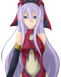 Rule 34 | 1girl, bare shoulders, blue eyes, breasts, duel monster, elbow gloves, gloves, long hair, looking at viewer, parted lips, pointy ears, purple eyes, purple hair, ruin, queen of oblivion, shintani tsushiya, simple background, solo, upper body, very long hair, white background, white hair, yu-gi-oh!, yu-gi-oh! duel monsters, yuu-gi-ou