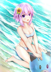 Rule 34 | 1girl, arm support, beach, bikini, blush, breasts, cleavage, collarbone, day, dogoo, female focus, happy, highres, looking at viewer, midriff, muwa12, navel, neptune (neptunia), neptune (series), open mouth, outdoors, pink bikini, pink hair, purple eyes, sitting, sky, small breasts, smile, stomach, swimsuit, water