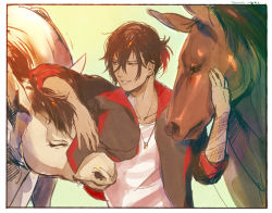 Rule 34 | 10s, 1boy, alternate costume, animal, brown hair, collarbone, dark skin, dark-skinned male, gradient hair, horse, male focus, multicolored hair, necklace, ookurikara, open clothes, open jacket, parted lips, personification, ponytail, red hair, sleeves rolled up, smile, solo, tattoo, touken ranbu, track suit, uosuko, upper body, yellow eyes