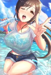Rule 34 | 1girl, blue sky, blush, bottle, breasts, brown eyes, brown hair, cloud, collarbone, day, denim, denim shorts, foreshortening, hip focus, holding, holding bottle, idolmaster, idolmaster cinderella girls, large breasts, looking at viewer, nitta minami, ocean, one eye closed, open mouth, outdoors, outstretched arm, partially submerged, shirt, short shorts, shorts, sky, solo, sparkle, splashing, swimsuit, swimsuit under clothes, thighs, toho (kihon ha yappa), v, wading, water, water bottle, wet, wet clothes, wet shirt, wristband