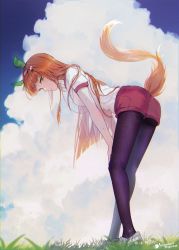 Rule 34 | 1girl, animal ears, ass, bent over, blue sky, blunt bangs, breasts, cloud, commentary request, ear covers, full body, grass, green eyes, hair over shoulder, hairband, hands on own knees, highres, horse ears, horse girl, horse tail, inaeda kei, leaning forward, legs, pantyhose under shorts, long hair, looking at viewer, orange hair, pantyhose, purple pantyhose, red shorts, shirt, shoes, short shorts, short sleeves, shorts, sidelocks, signature, silence suzuka (umamusume), sky, sneakers, solo, sweatdrop, tail, umamusume, white footwear, white hairband, white shirt
