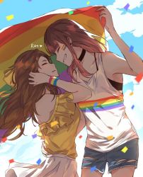 Rule 34 | 2girls, armband, artist name, artist request, brown hair, choker, closed eyes, commentary, couple, english commentary, hair ribbon, lgbt pride, multiple girls, original, rainbow flag, ribbon, smile, wind, yuri
