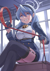 Rule 34 | 1girl, ako (blue archive), bell, black gloves, black hairband, black thighhighs, blue archive, blue eyes, blue hair, breasts, buttons, collar, crossed legs, evil grin, evil smile, gloves, grin, hair between eyes, hairband, halo, highres, large breasts, long hair, long sleeves, neck bell, nikulas cage, sideboob, smile, solo, thighhighs