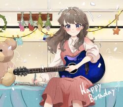 1girl 3: acoustic_guitar artistic_error blush brown_hair casual closed_mouth clothing_cutout collared_shirt commentary_request dress dress_shirt frown fujishima_megumi guitar happy_birthday highres holding holding_guitar holding_instrument in-universe_location indoors instrument jin_(oihlf) link!_like!_love_live! long_dress long_hair looking_at_viewer love_live! official_alternate_costume on_bed pinafore_dress pink_dress purple_eyes shirt shoulder_cutout sitting sleeveless sleeveless_dress solo star_(symbol) stuffed_animal stuffed_toy teddy_bear two_side_up virtual_youtuber white_shirt writing