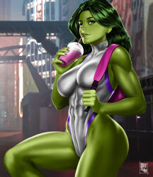 Rule 34 | 1girl, ass, bare arms, bare legs, bare shoulders, black hair, botslim, breasts, colored skin, curvy, drinking, drinking straw, drinking straw in mouth, green eyes, green skin, highleg, highleg leotard, highres, large breasts, leotard, lips, long hair, looking at viewer, marvel, muscular, muscular female, she-hulk, shiny skin, simple background, smile, solo, standing, superhero costume, two-tone leotard, wide hips