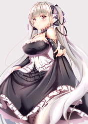Rule 34 | 1girl, absurdres, azur lane, bare shoulders, black dress, blush, bow, breasts, cleavage, clothes lift, detached collar, dress, dress lift, earrings, formidable (azur lane), frilled dress, frills, grey hair, hair bow, highres, jewelry, large breasts, lifted by self, long hair, long sleeves, looking at viewer, parted lips, red eyes, solo, standing, twintails, very long hair, white legwear, yuano