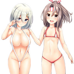 Rule 34 | 10s, 2girls, :d, bikini, blue eyes, blush, breasts, cleavage, covered erect nipples, flat chest, hair between eyes, hair ornament, hairclip, half updo, hamakaze (kancolle), headband, kantai collection, large breasts, looking at viewer, micro bikini, multiple girls, navel, open mouth, personification, ponytail, short hair, silver hair, simple background, slingshot swimsuit, smile, swimsuit, uni8, white background, zuihou (kancolle)