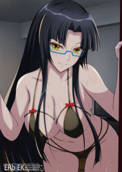 Rule 34 | 1girl, artist name, bikini, black bikini, black hair, blue-framed eyewear, bow, breasts, cleavage, closed mouth, collarbone, commentary, english commentary, fanbox username, female focus, glasses, hair intakes, high school dxd, highres, large breasts, long hair, looking at viewer, minaisu, multi-strapped bikini bottom, navel, paid reward available, parted bangs, patreon username, red bow, semi-rimless eyewear, shinra tsubaki, smile, solo, standing, sweat, swimsuit, twitter username, under-rim eyewear, yellow eyes