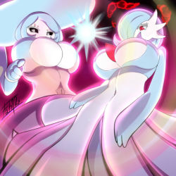 Rule 34 | 2girls, alternate color, black sclera, blue hair, breasts, bursting breasts, colored eyelashes, colored sclera, creatures (company), dynamax, fah12enheit, from below, game freak, gardevoir, gen 3 pokemon, gen 8 pokemon, giant, giantess, gigantamax, hair over one eye, hat, hatterene, highres, huge breasts, large breasts, long hair, looking at viewer, looking down, multiple girls, navel, nintendo, no humans, pokemon, pokemon (creature), purple background, red eyes, shiny pokemon, short hair, standing, very long hair, white eyes, witch hat
