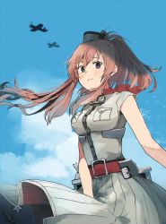 Rule 34 | 1girl, aircraft, airplane, anchor, bad id, bad twitter id, belt, blue sky, breast pocket, brown hair, cloud, commentary request, cowboy shot, day, dress, grey dress, grey eyes, hair between eyes, kakiyayoshi, kantai collection, long hair, looking at viewer, neckerchief, one-hour drawing challenge, outdoors, pocket, ponytail, red neckerchief, saratoga (kancolle), side ponytail, sidelocks, sky, smokestack, smokestack hair ornament, solo