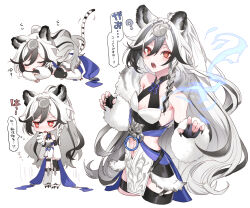 1girl ? animal_ear_fluff animal_ears bare_shoulders black_gloves black_hair black_nails black_thighhighs blue_fire boots braid breasts chibi cleavage closed_eyes collarbone fingerless_gloves fire fu_hua fu_hua_(herrscher_of_sentience) fur_boots gloves hair_between_eyes headpiece highres honkai_(series) honkai_impact_3rd long_hair multicolored_hair multiple_views nail_polish navel open_mouth red_eyes simple_background single_braid single_thighhigh small_breasts striped_tail tail takakura_aki thighhighs thighhighs_under_boots tiger_ears tiger_girl tiger_tail tongue tongue_out translation_request two-tone_hair very_long_hair white_background white_footwear white_hair