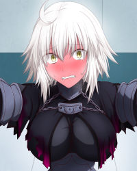 Rule 34 | 1girl, ahoge, black cape, blonde hair, blush, breasts, cape, chain, clenched teeth, embarrassed, fate/grand order, fate (series), feather trim, full-face blush, hasebe akira, highres, jeanne d&#039;arc (fate), jeanne d&#039;arc alter (avenger) (fate), jeanne d&#039;arc alter (fate), kabedon, looking at viewer, medium breasts, solo, sweatdrop, tearing up, teeth, yellow eyes