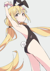 Rule 34 | 1girl, animal ears, armpits, arms up, blonde hair, breasts, brown eyes, closed mouth, fake animal ears, futaba anzu, grey background, idolmaster, idolmaster cinderella girls, ixy, leotard, long hair, looking at viewer, low twintails, pink scrunchie, playboy bunny, rabbit ears, rabbit tail, scrunchie, simple background, small breasts, solo, standing, tail, thighs, twintails, very long hair, wrist scrunchie