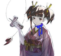 Rule 34 | 10s, 1girl, bad id, bad twitter id, brown eyes, brown hair, choker, expressionless, hair ribbon, japanese clothes, kendama, kimono, koutetsujou no kabaneri, mumei (kabaneri), ribbon, ribbon choker, solo, tokiya, toy, twintails, upper body