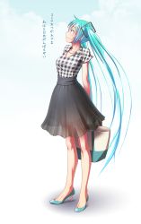 Rule 34 | 1girl, aqua hair, arms behind back, bag, blue eyes, collarbone, full body, gradient background, hatsune miku, high heels, holding, holding bag, jewelry, long hair, looking up, necklace, no socks, plaid, plaid shirt, profile, see-through, shirt, short sleeves, skirt, solo, standing, twintails, very long hair, vocaloid, wokada