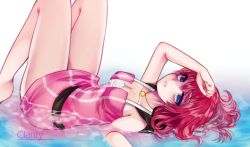 Rule 34 | 1girl, arm up, bare shoulders, barefoot, blue eyes, breasts, cleavage, jewelry, kairi (kingdom hearts), kingdom hearts, knees up, liechi, lying, necklace, on back, partially submerged, pink hair, water