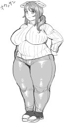 Rule 34 | 1girl, animal ears, breasts, commentary, denim, fat, full body, greyscale, highres, huge breasts, jeans, large breasts, looking at viewer, monochrome, oku (elf-san wa yaserarenai.), original, pants, pig ears, plump, ponytail, ribbed sweater, shoes, simple background, sneakers, solo, standing, sweater, synecdoche, thick thighs, thighs, translation request, white background