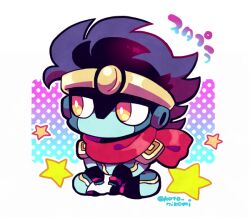 Rule 34 | 1boy, black hair, blue skin, bright pupils, chibi, chibi only, colored skin, full body, jojo no kimyou na bouken, kotorai, looking to the side, male focus, no mouth, no nose, orange eyes, red scarf, scarf, sitting, solo, stand (jojo), star (symbol), star platinum, translation request, twitter username, white pupils