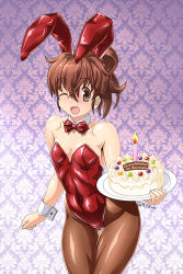 Rule 34 | 1girl, animal ears, bare shoulders, birthday cake, bow, bowtie, breasts, brown eyes, brown hair, rabbit ears, rabbit tail, cake, detached collar, fake animal ears, food, long hair, looking at viewer, nyo, one eye closed, original, pantyhose, playboy bunny, small breasts, smile, solo, tail, wrist cuffs