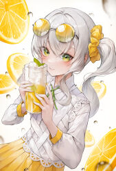 Rule 34 | 1girl, absurdres, closed mouth, commentary, crystalherb, cup, drink, eyewear on head, fingernails, food, fruit, green eyes, green ribbon, grey hair, hair between eyes, hair ornament, hair scrunchie, highres, holding, holding cup, ice, lemon, lemon slice, long sleeves, looking at viewer, nail polish, neck ribbon, original, pleated skirt, ribbon, round eyewear, scrunchie, shirt, side ponytail, sidelocks, skirt, smile, solo, sunglasses, symbol-only commentary, white background, white shirt, yellow nails, yellow scrunchie, yellow skirt