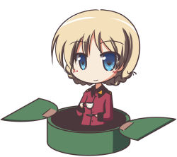 Rule 34 | 10s, 1girl, blonde hair, blue eyes, blush, braid, cup, darjeeling (girls und panzer), fictional sister, girls und panzer, holding, jacket, long sleeves, looking at viewer, military, military uniform, military vehicle, motor vehicle, red jacket, short hair, simple background, smile, solo, tank, teacup, twin braids, uniform, vehicle, white background