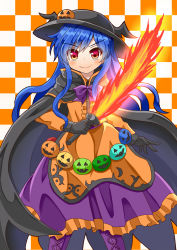 Rule 34 | 1girl, :&gt;, alternate costume, black cape, black gloves, blue hair, blush, boots, bow, bowtie, cape, checkered background, commentary, cross-laced footwear, dress, feet out of frame, gloves, hair ornament, halloween, halloween costume, hat, highres, hinanawi tenshi, holding, holding weapon, jack-o&#039;-lantern, jack-o&#039;-lantern hair ornament, layered dress, long hair, looking at viewer, orange background, orange dress, purple bow, purple bowtie, purple footwear, purple skirt, red eyes, sidelocks, skirt, smile, solo, standing, sugiyama ichirou, sword of hisou, touhou, two-tone background, very long hair, weapon, white background