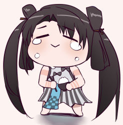 Rule 34 | 1girl, :&gt;, ashino moto, bare arms, bare legs, black hair, bowl, chibi, chopsticks, closed eyes, closed mouth, commentary, fate/grand order, fate (series), forehead, full body, hair ornament, hair tie, holding, holding bowl, holding chopsticks, iyo (fate), legs apart, parted bangs, rice bowl, solo, standing, twintails