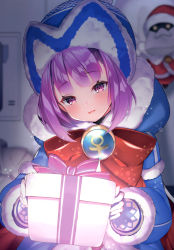 Rule 34 | 1girl, absurdres, blue coat, blue dress, blue footwear, blue gloves, blue headwear, blush, bow, breasts, coat, dress, fate/extella, fate/extra, fate/grand order, fate/grand order arcade, fate (series), fur-trimmed coat, fur-trimmed dress, fur trim, gloves, hat, helena blavatsky (christmas) (fate), helena blavatsky (fate), highres, large bow, long sleeves, looking at viewer, open mouth, pantyhose, purple eyes, purple hair, red bow, resolution mismatch, sack, short hair, sitting, small breasts, smile, source smaller, suzuho hotaru