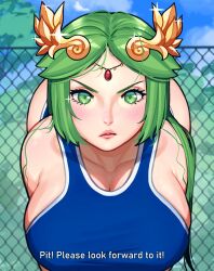 Rule 34 | 1girl, absurdres, ass, azumanga daiou, bent over, blush, breasts, cleavage, competition swimsuit, curvy, derivative work, english text, frown, green eyes, green hair, highres, huge breasts, kid icarus, large breasts, lips, mariezone, nintendo, one-piece swimsuit, palutena, solo, swimsuit