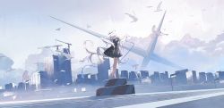 Rule 34 | 1girl, animal, arms up, axleaki, barefoot, bird, black dress, blue ribbon, breasts, building, city, cityscape, closed mouth, cloud, commentary, crane (machine), cross, day, dress, dutch angle, frilled sleeves, frills, grey eyes, grey sky, halo, highres, long hair, looking away, looking up, original, outdoors, outstretched arms, puffy short sleeves, puffy sleeves, ribbon, scenery, short sleeves, sky, skyline, small breasts, solo, thigh strap, tiptoes, white bird, white hair, wide shot