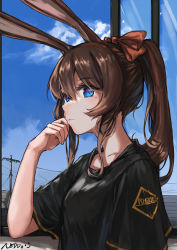 Rule 34 | 1girl, amiya (arknights), animal ears, arknights, black shirt, blue eyes, blue sky, brown hair, close-up, cloud, expressionless, from side, hand on own cheek, hand on own face, highres, long hair, looking at viewer, looking to the side, loose clothes, loose shirt, multicolored eyes, omuretu (butterroru), ponytail, rabbit ears, red eyes, red ribbon, ribbon, shirt, sky, solo, t-shirt, utility pole