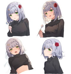 Rule 34 | 1girl, :d, absurdres, black sweater, blush, braid, closed mouth, clothes lift, commentary request, flower, genshin impact, green eyes, hair flower, hair ornament, heart, heart-shaped pupils, highres, holding, medium hair, mimikaki, multiple views, noelle (genshin impact), open mouth, parted lips, red flower, red rose, rose, silver hair, simple background, smile, sweater, sweater lift, swimsuit, symbol-shaped pupils, upper body, white background, yajuu