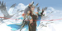 Rule 34 | 1girl, armor, bird, blue eyes, breasts, chinese clothes, genshin impact, gold armor, hair ornament, long hair, looking to the side, pale skin, pointing, polearm, shenhe (genshin impact), spear, tight clothes, weapon, white hair, youshun (naturaljuice)