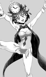 Rule 34 | 1girl, alternate breast size, arms up, artist request, ass, bare legs, bare shoulders, bishoujo senshi sailor moon, bow, bowtie, breasts, cleavage, clock, colored skin, crazy eyes, crazy smile, curvy, demon girl, earrings, eyelashes, greyscale, highleg, highleg leotard, highres, jewelry, legs together, lemures (sailor moon), leotard, long hair, looking at viewer, medium breasts, medium hair, monochrome, purple leotard, smile, standing, standing on one leg, tenko (sailor moon), very long hair, wavy hair